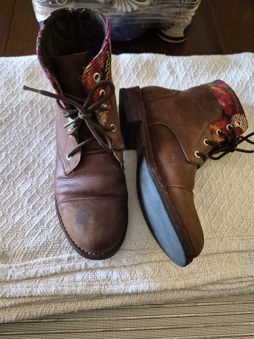 Brown Authentic Leather Lace-Up Ankle Boots with Textile Collar Size 8